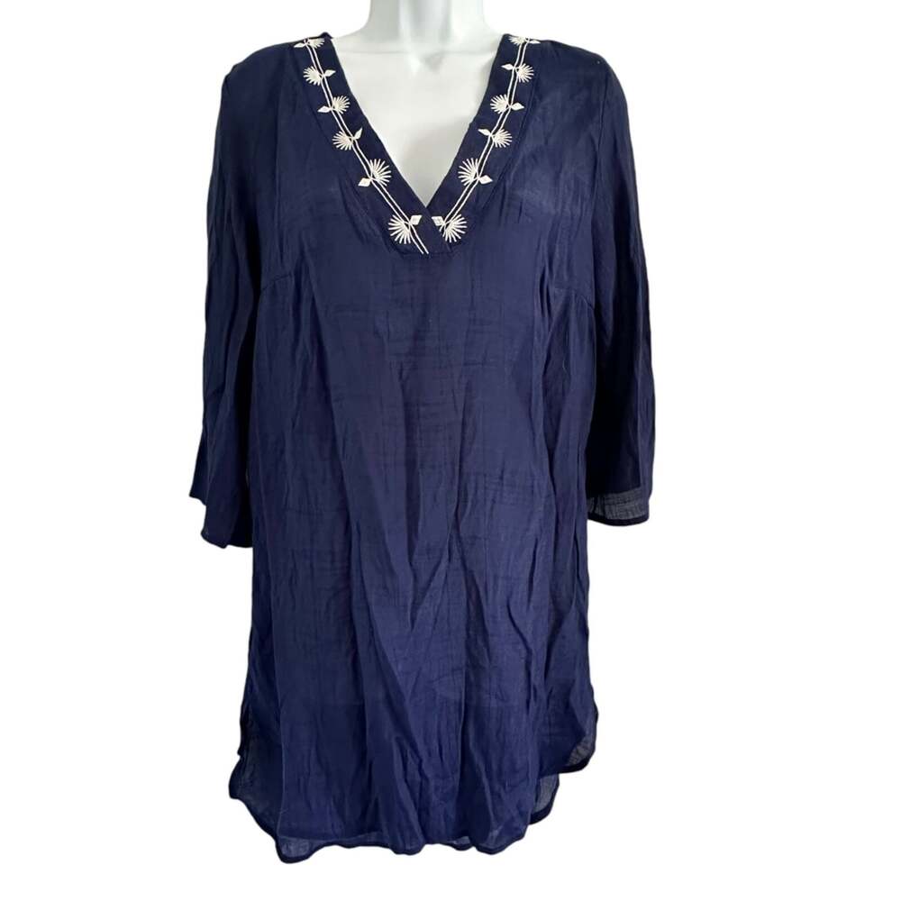 Kona Sol Swimsuit Cover up Top women's size Medium blue white embroidery resort